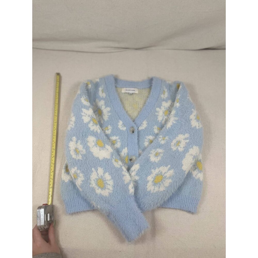 Vintage-Inspired Blue Daisy Knit Cardigan Sweater - Soft Fuzzy V-Neck with Butto - Picture 2 of 3